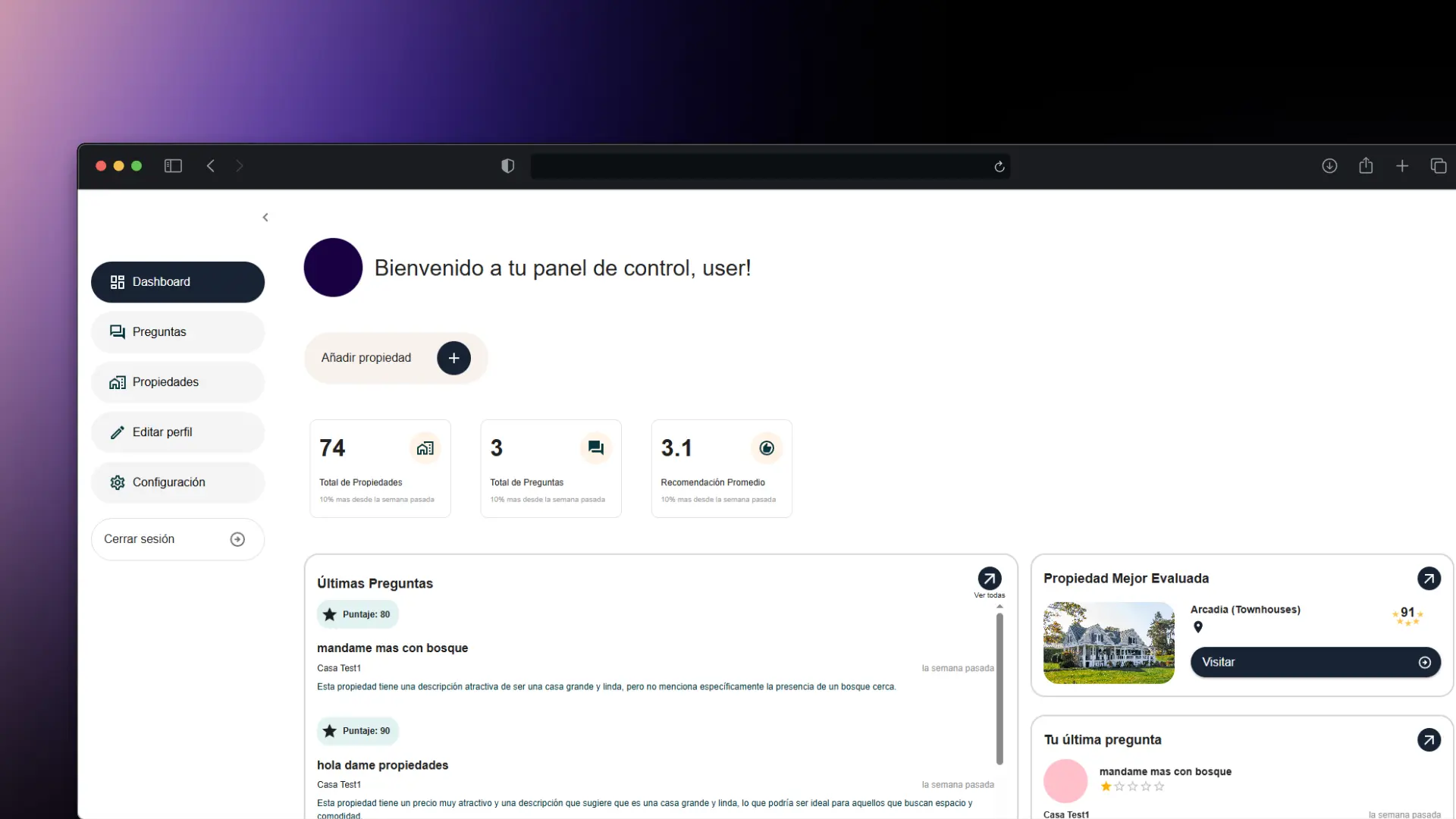 Captura de pantalla de Panel de Administración para plataforma de bienes raíces