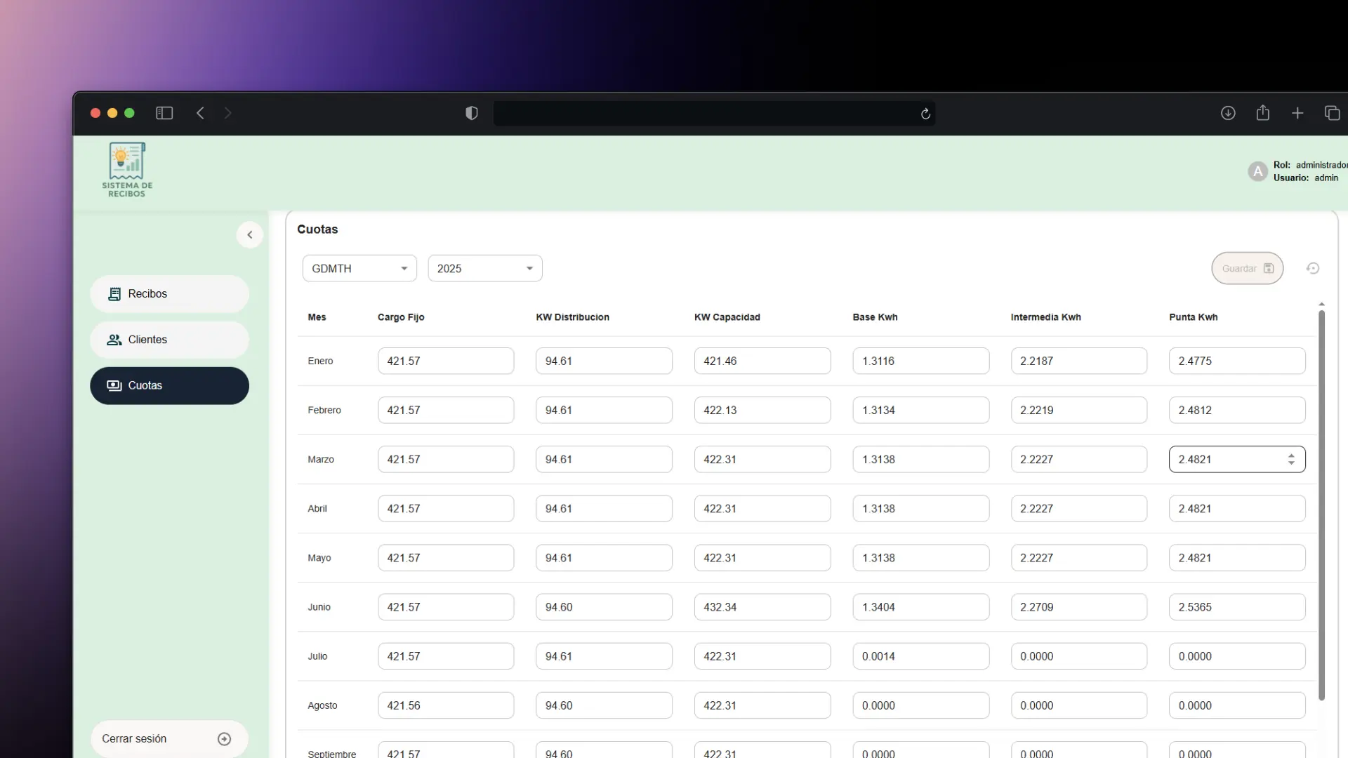 Captura de pantalla de Sistema de Gestión de recibos de luz